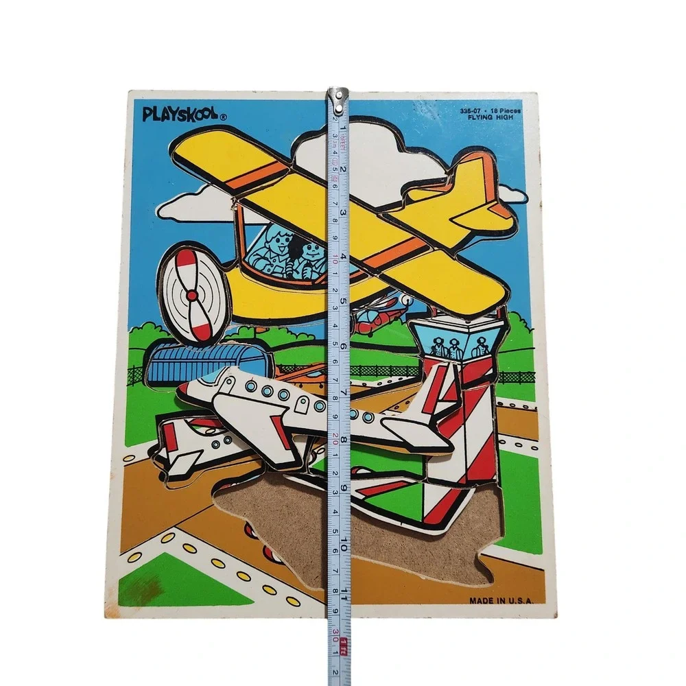 Vintage‎ Playskool Flying High Wooden Inlay Puzzle 18 Pieces Airport 335-07 USA